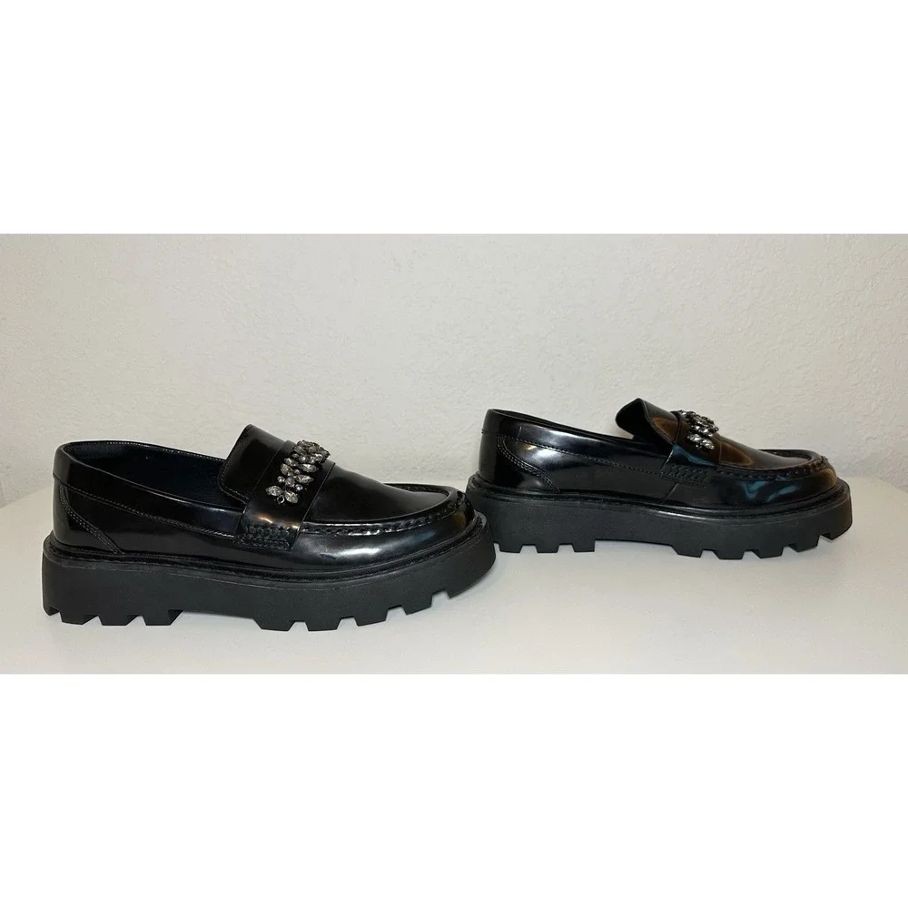 ZARA Women Chunky Black Faux Patent Leather‎ Rhinestone Loafers US 7.5 EU 38 NEW